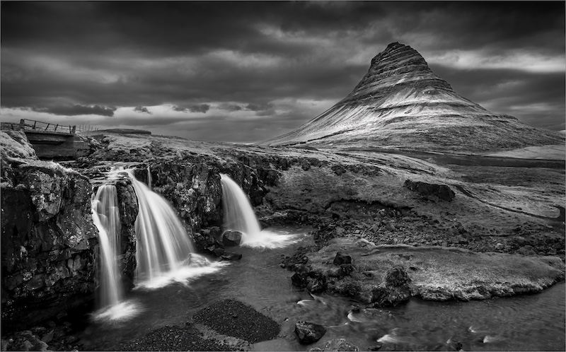 WCPF CLUB BRONZE MEDAL-Open Monochrome-Kirkjufell waterfall view mono-Francois Retief-Cape Town Photographic Society